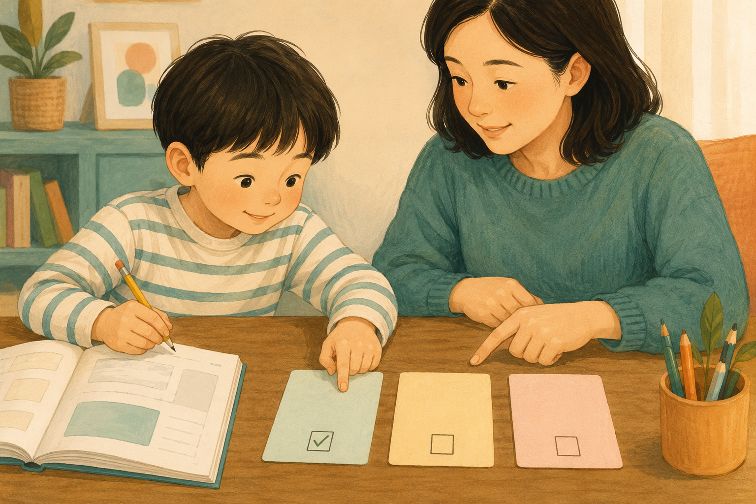 부모와 초등학생이 숙제를 작은 단계로 나누고 첫 번째 할 일을 고르는 모습