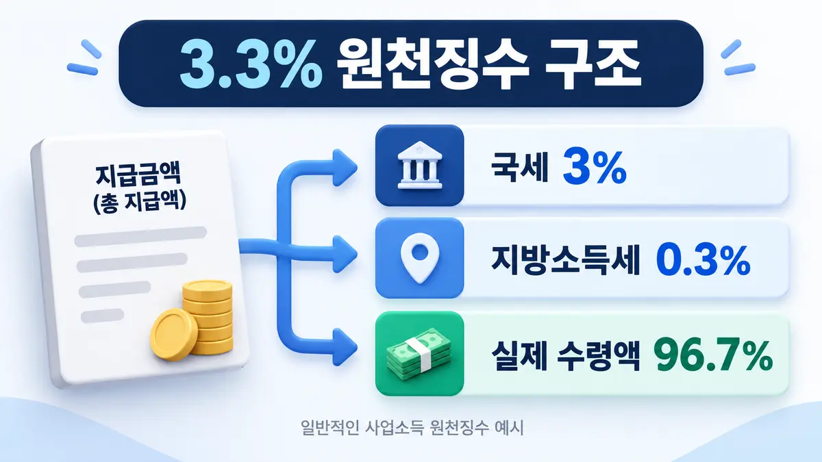사업소득 지급액에서 국세 3%와 지방소득세 0.3%를 원천징수하는 구조