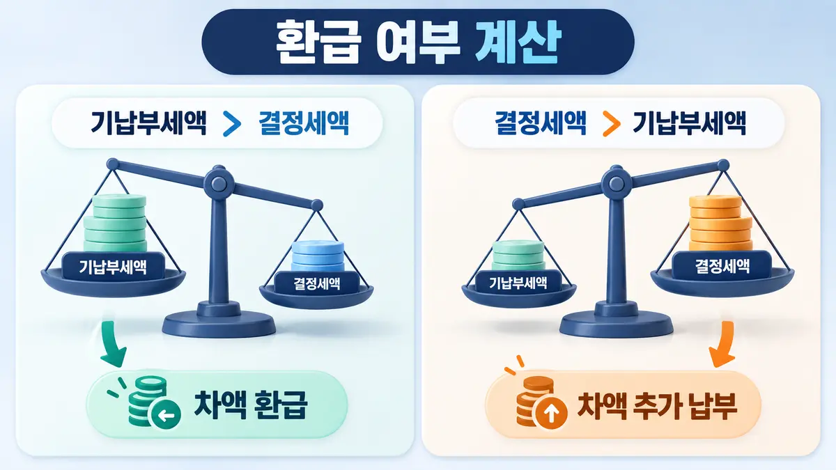 기납부세액과 결정세액을 비교한 세금 환급 및 추가 납부 계산