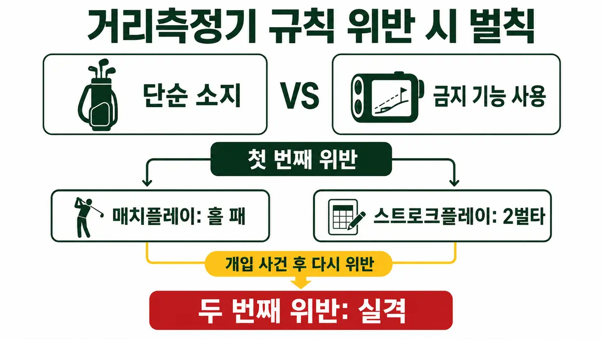 골프 거리측정기 규칙 위반 시 첫 위반과 두 번째 위반 벌칙