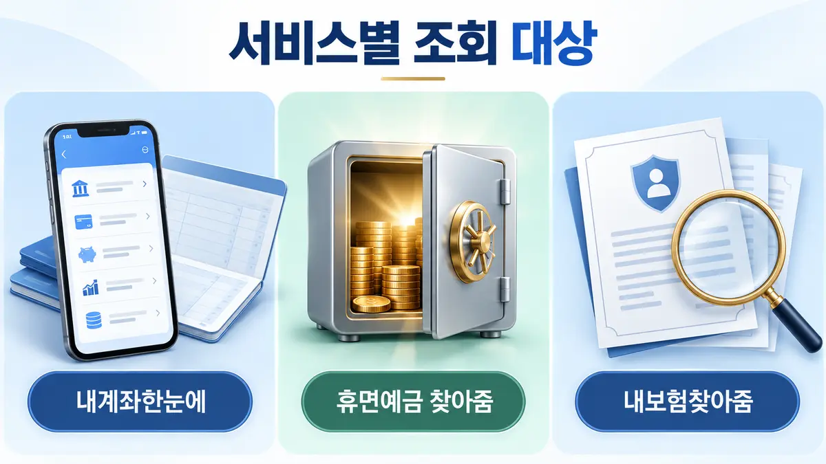 내계좌한눈에 휴면예금 찾아줌 내보험찾아줌의 조회 대상 비교