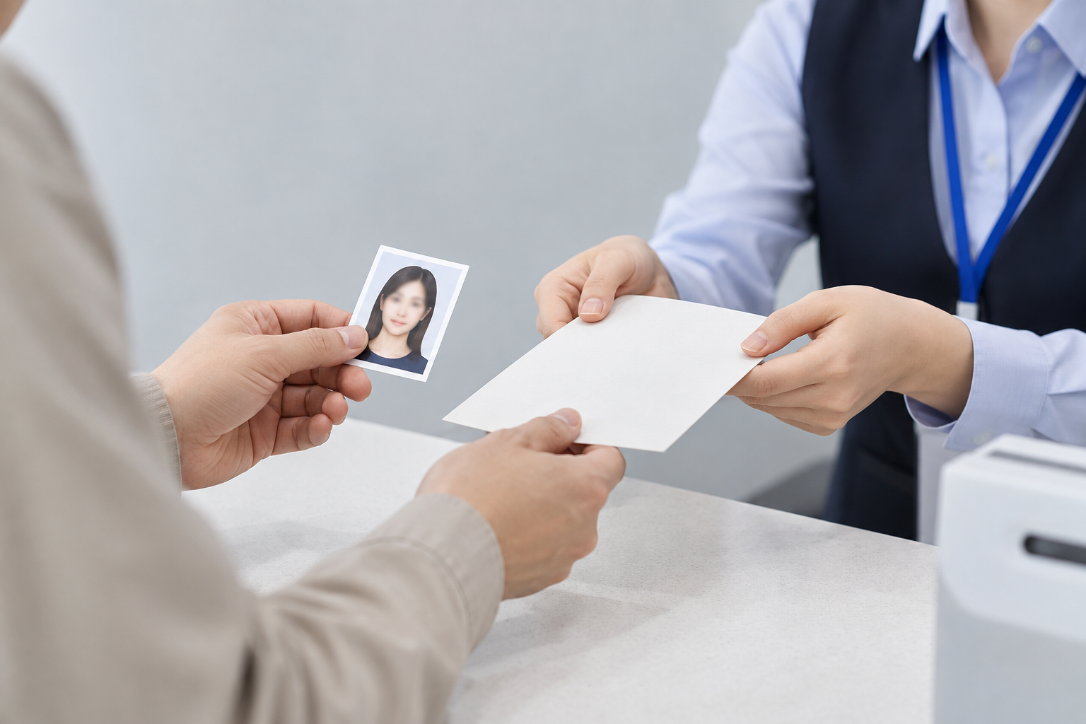 주민센터에서 사진을 제출하고 주민등록증 발급신청 확인서를 받는 모습