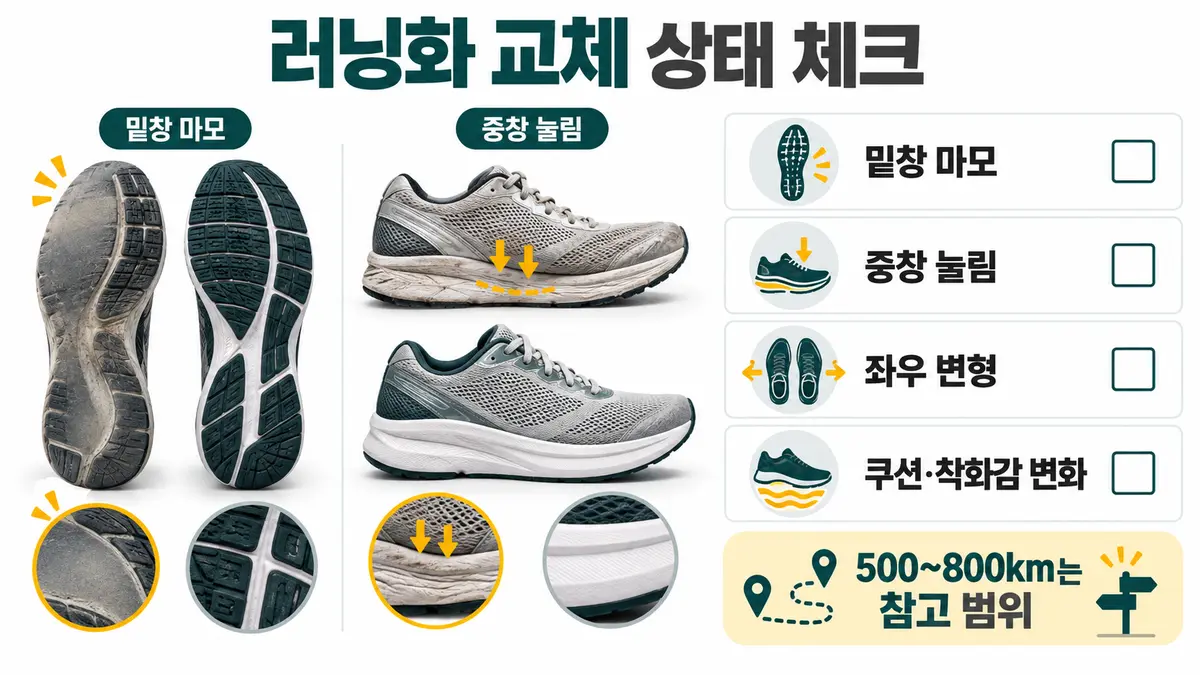 러닝화 밑창 마모 중창 눌림 좌우 변형 교체 상태 체크