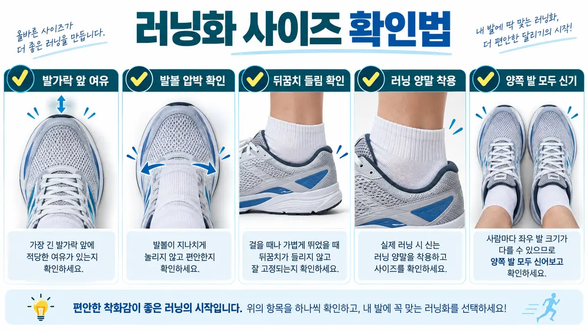 러닝화 발가락 앞 여유와 발볼 뒤꿈치 착화 상태 확인법
